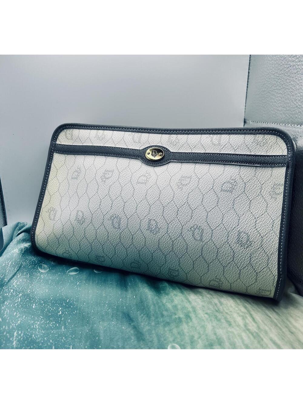 Vintage Christian Dior Honeycomb Canvas Cosmetic Bag/ Clutch – White/Grey